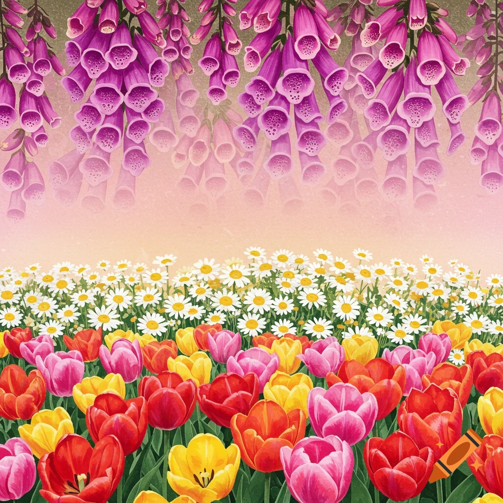 A field of red, yellow, and pink tulips in the foreground, white daisies in the middle ground, and purple foxglove flowers hanging from the top.
