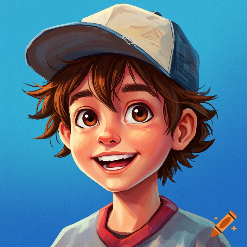 A cheerful young boy wearing a baseball cap, in comic book style.