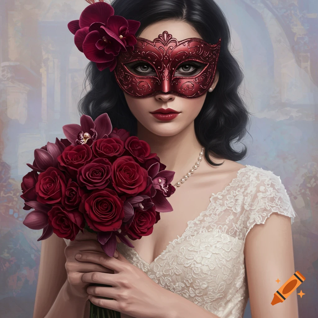 A woman in a red mask and white dress holds a bouquet of red roses