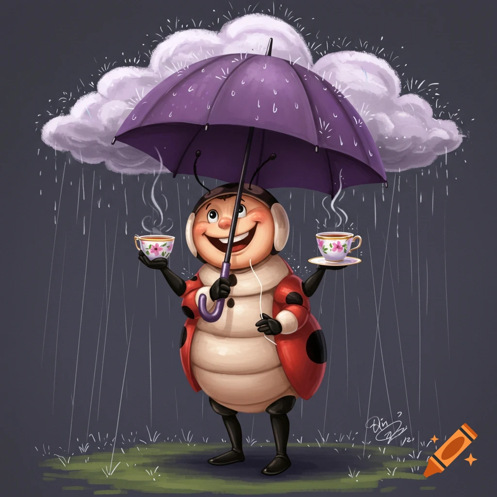 A smiling cartoon ladybug holds an umbrella and two teacups in the rain.