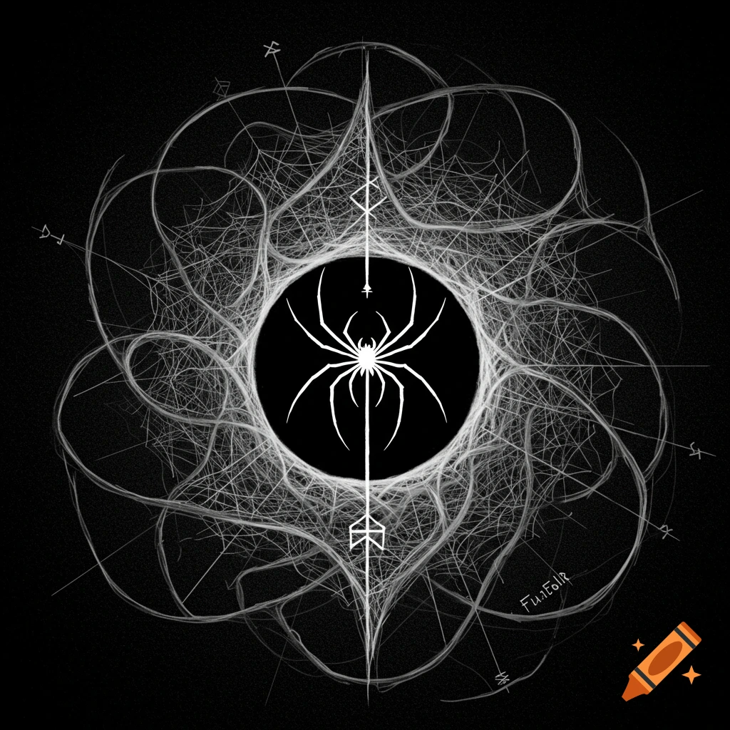 Black and white illustration of a spider sigil surrounded by swirling web-like runic lines.