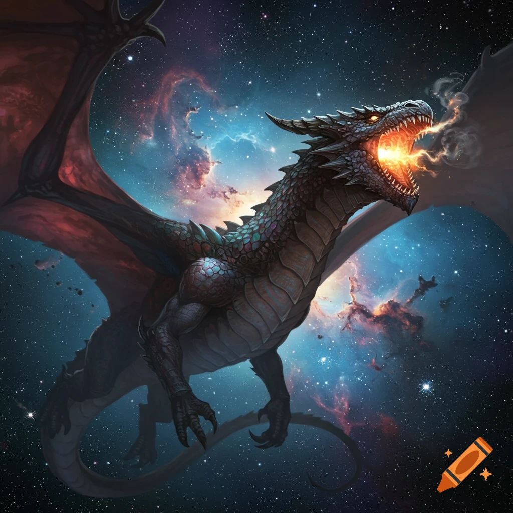 A dragon roaring in space among stars and nebulae.
