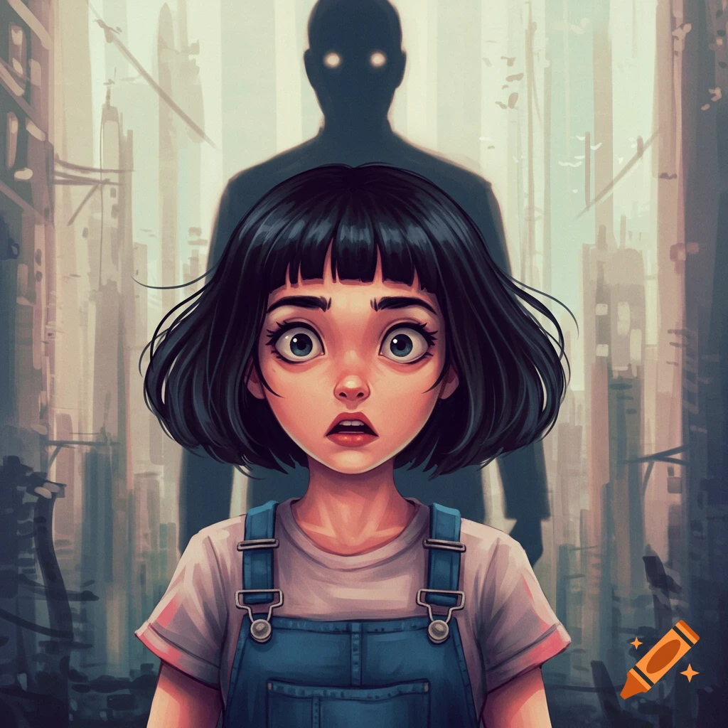 Digital illustration of a wide-eyed girl in overalls looking surprised, with a looming shadow figure behind her in a city background.