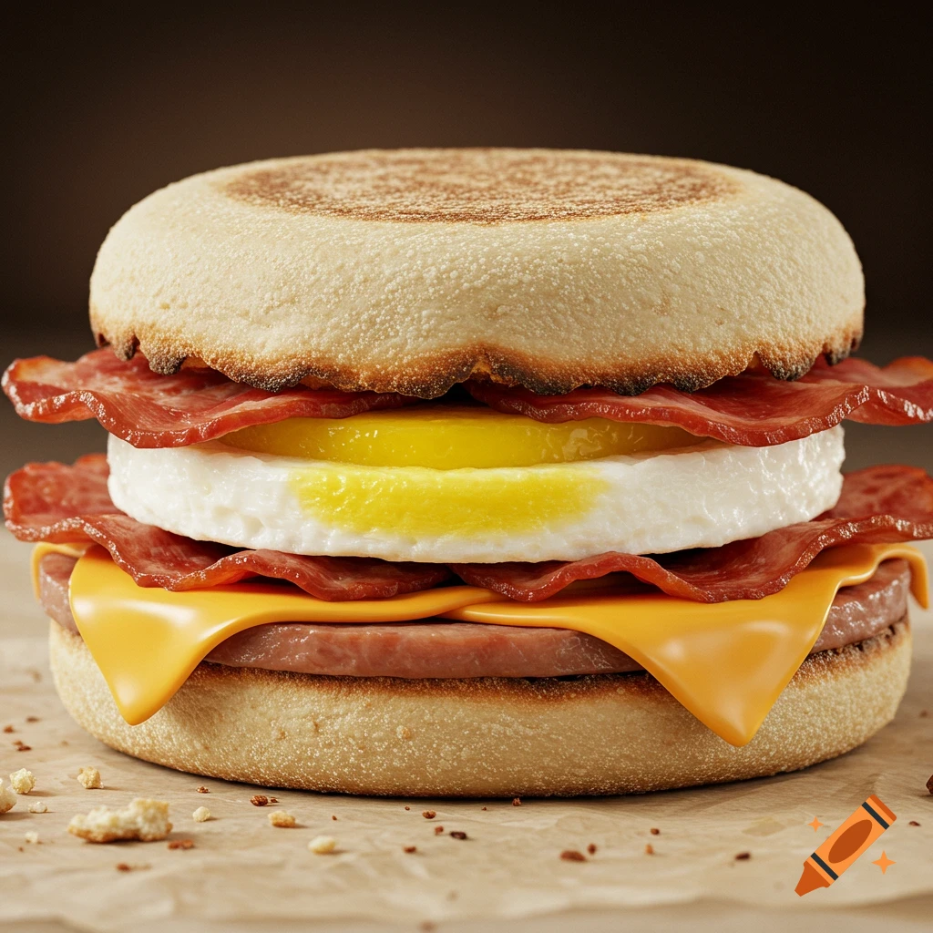 A close-up photorealistic image of a tall breakfast sandwich on an English muffin with bacon, egg, cheese, and ham.