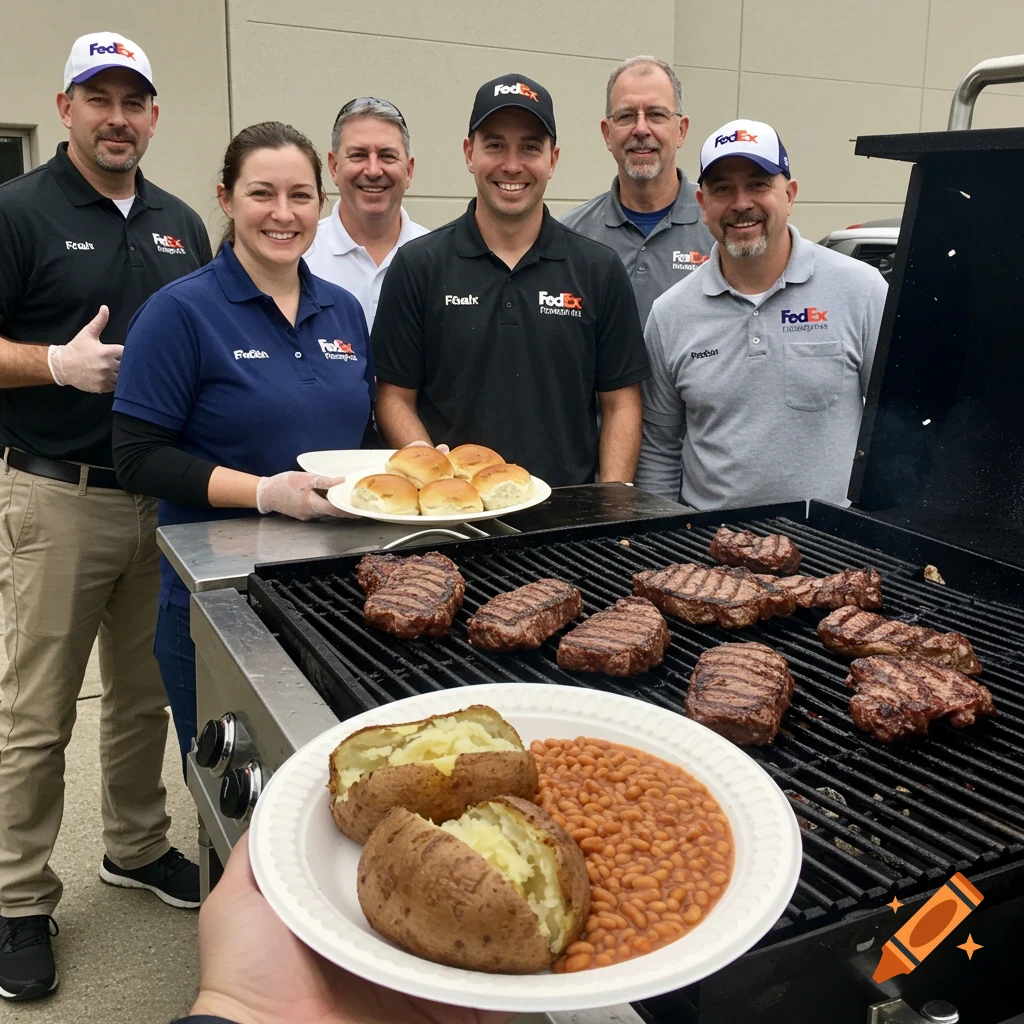 Group of people grilling steaks and serving baked potatoes, beans, and rolls.