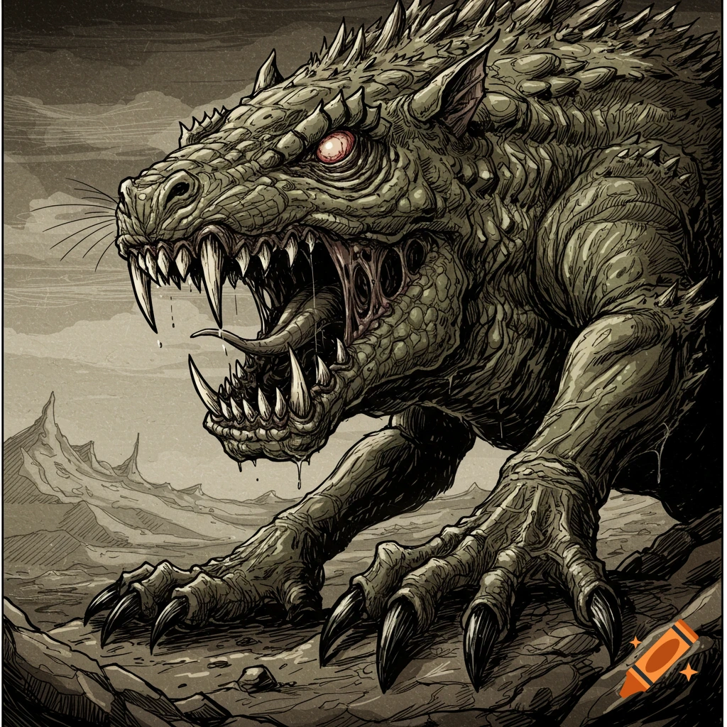 A detailed dark fantasy illustration of a snarling green scaly monster with red eyes and sharp teeth, standing on rocky ground.