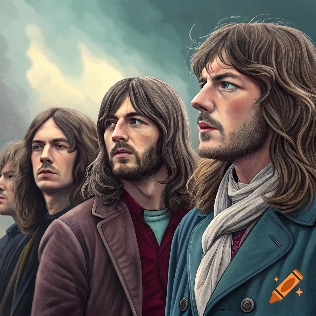 Painted portrait of four men with long hair and beards against a cloudy sky.