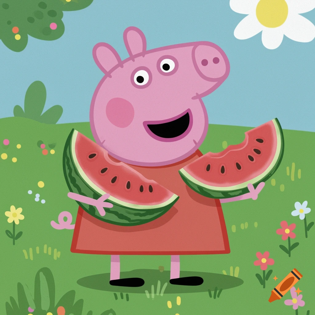 Peppa Pig holding watermelon slices in a grassy field.
