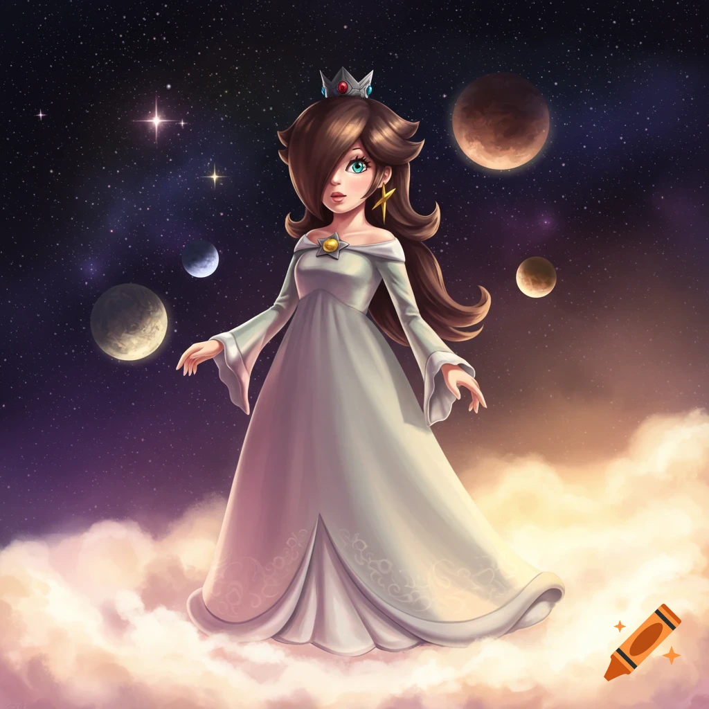 Rosalina in her dress floating on clouds in space with planets and stars