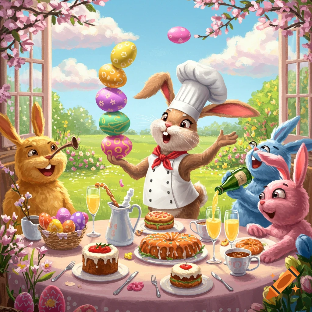 Cartoon rabbits enjoy an Easter brunch. One rabbit in a chef hat balances colorful eggs.