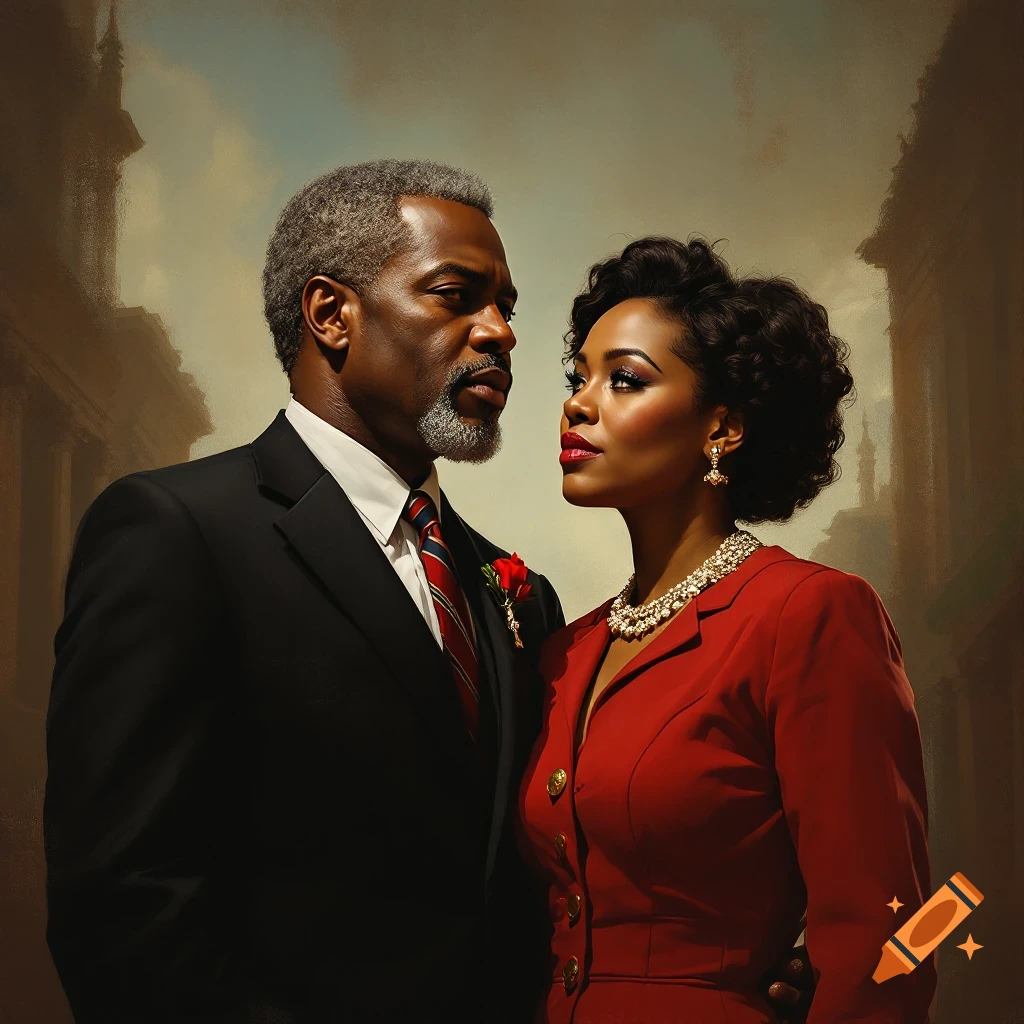 A man and woman in formal attire looking at each other