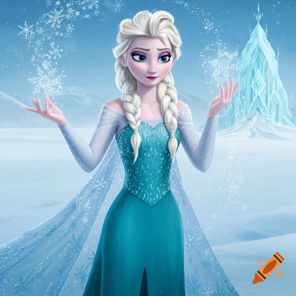 Elsa from Frozen casting ice magic in a snowy landscape with an ice castle.