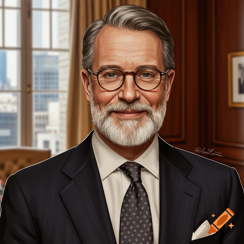 Smiling older man with glasses and beard in a suit in an office.