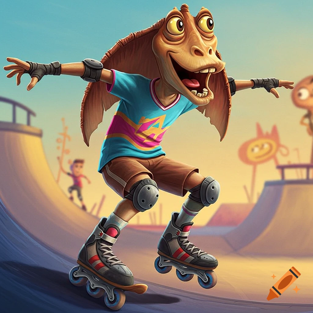 Cartoon character resembling Jar Jar Binks rollerblading in a skatepark.