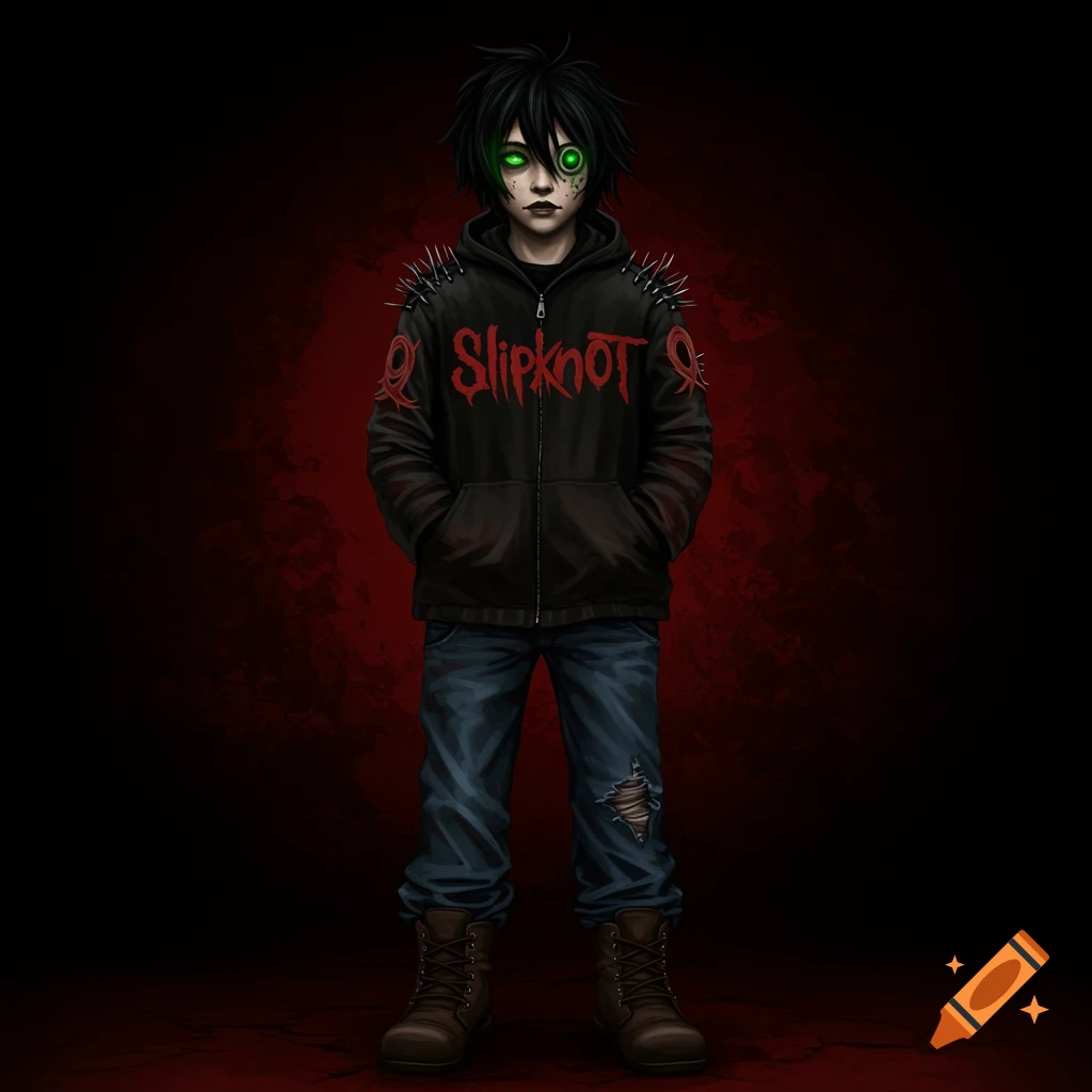 A boy in a black Slipknot hoodie and ripped jeans.