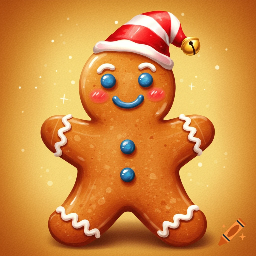 A smiling gingerbread man wearing a Santa hat, illustration.