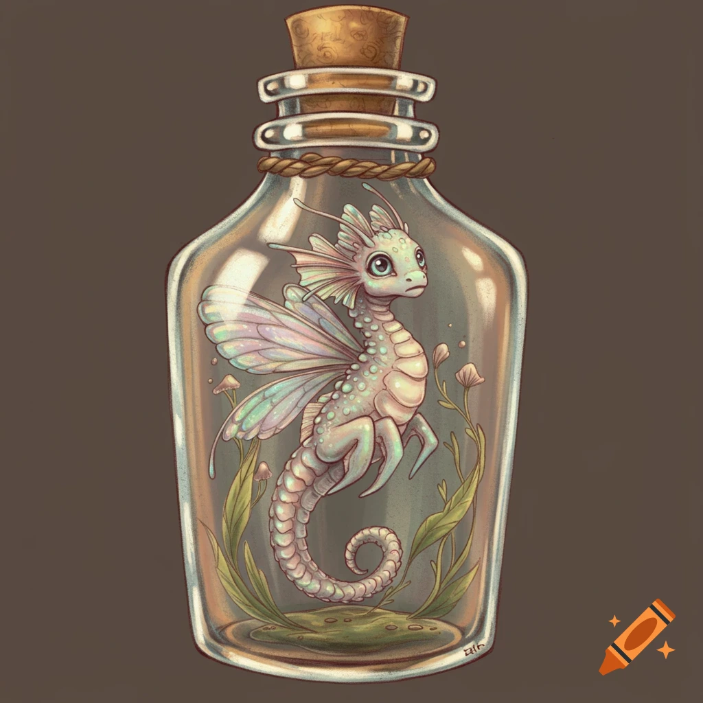 Cute fantasy creature resembling a seahorse with wings inside a glass bottle drawing