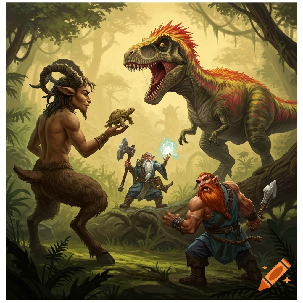 A satyr is holding a turtle while two dwarves are fighting a T-Rex with feathers in a jungle.