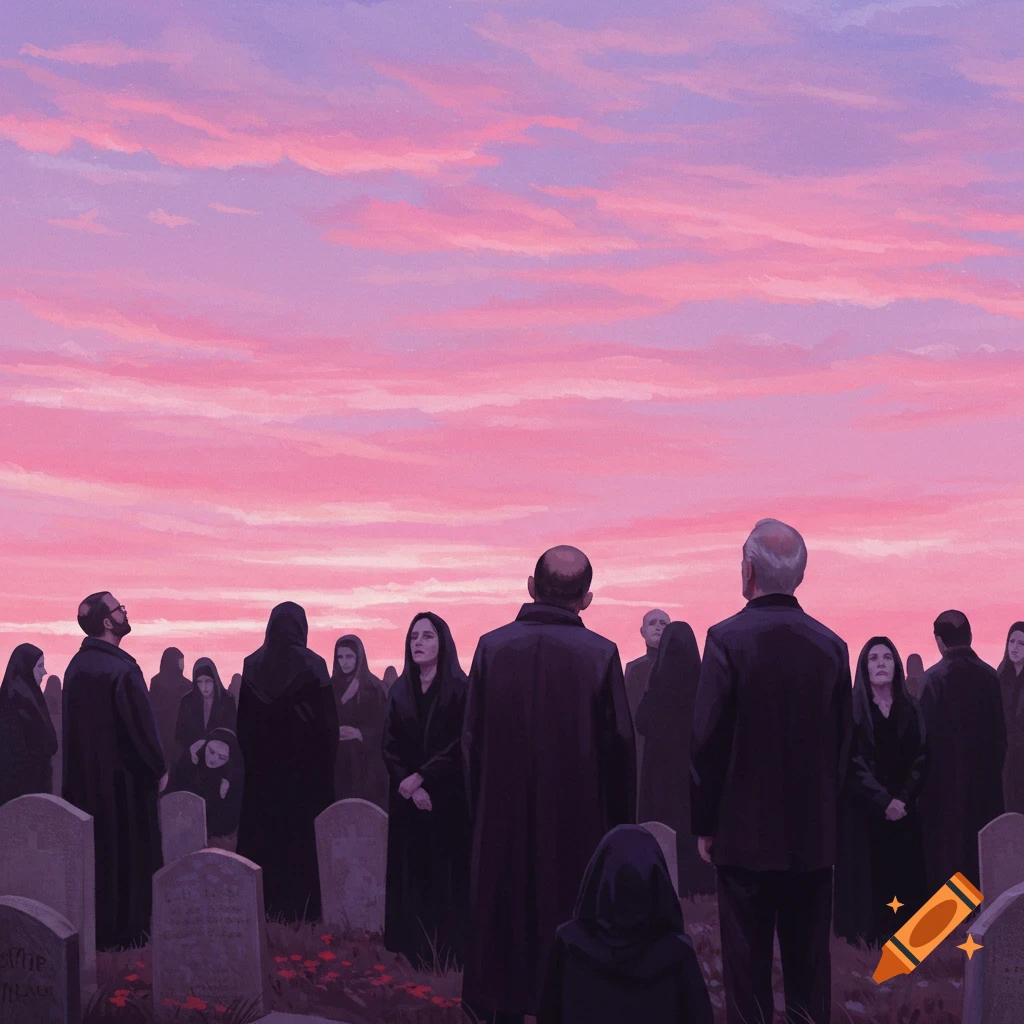 A crowd in black clothes standing among gravestones in a graveyard, looking up at a vibrant pink and purple sky.