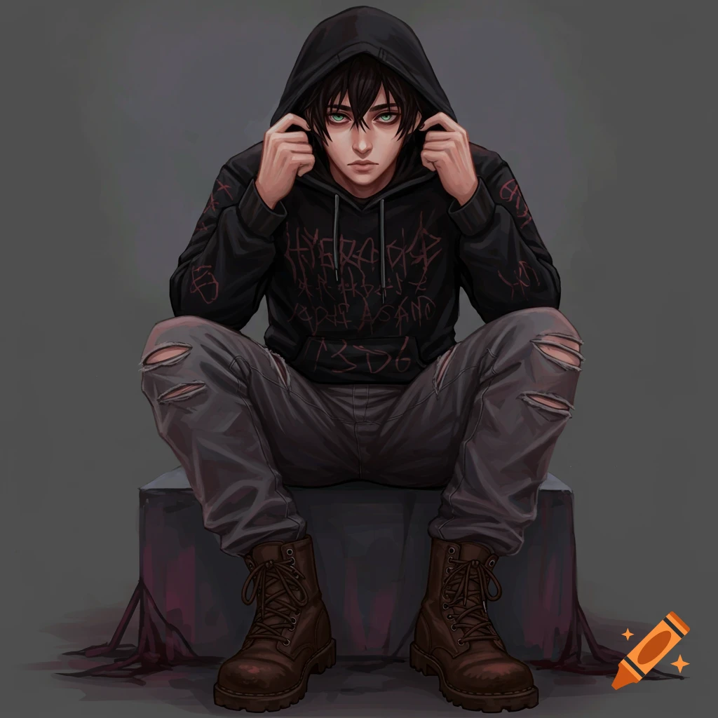 Anime illustration of a young person in a black hoodie with red writing, ripped jeans, and combat boots.