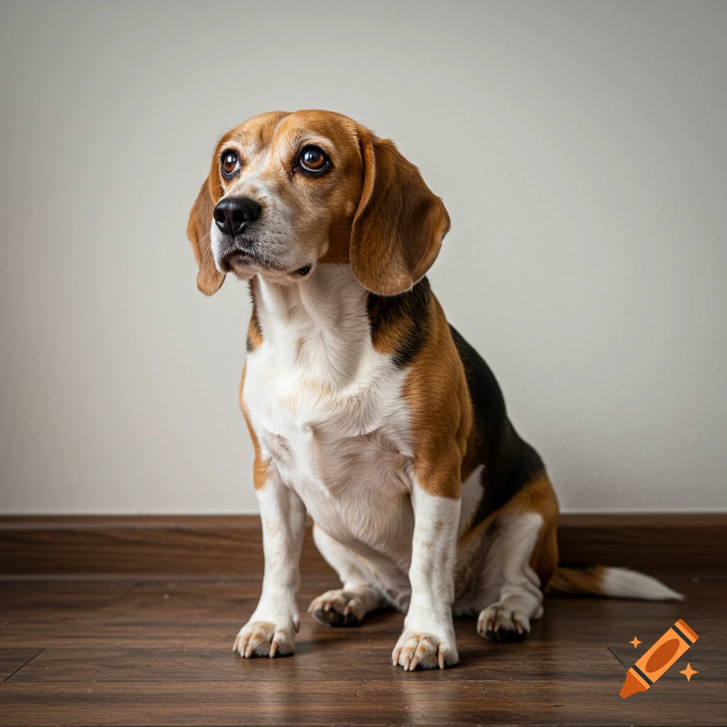 A Beagle dog sits on a wooden floor looking up.