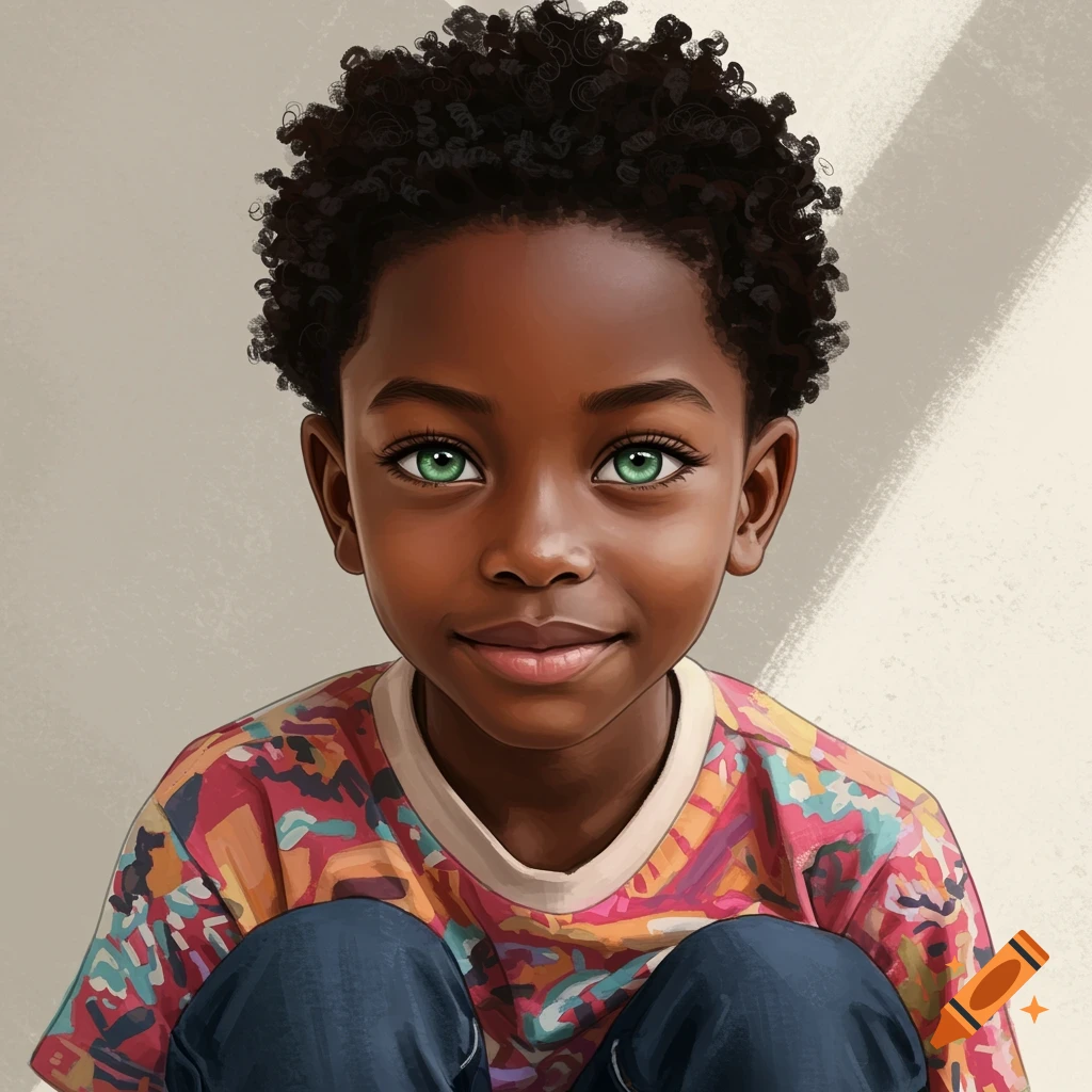 Portrait of a young Black boy with green eyes and curly hair, wearing a colorful shirt.