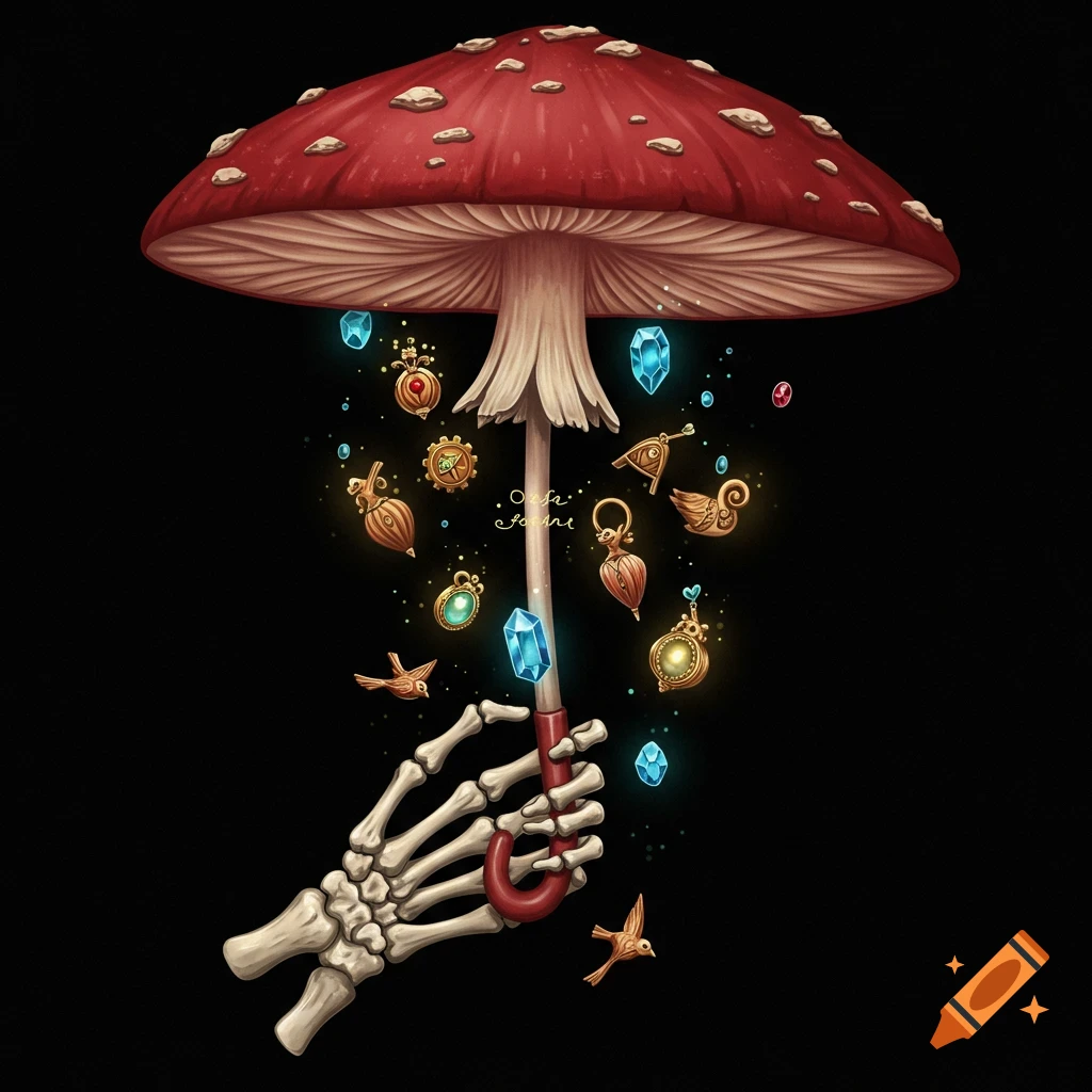 A skeleton hand holds a mushroom umbrella while jewels and birds fall from above.