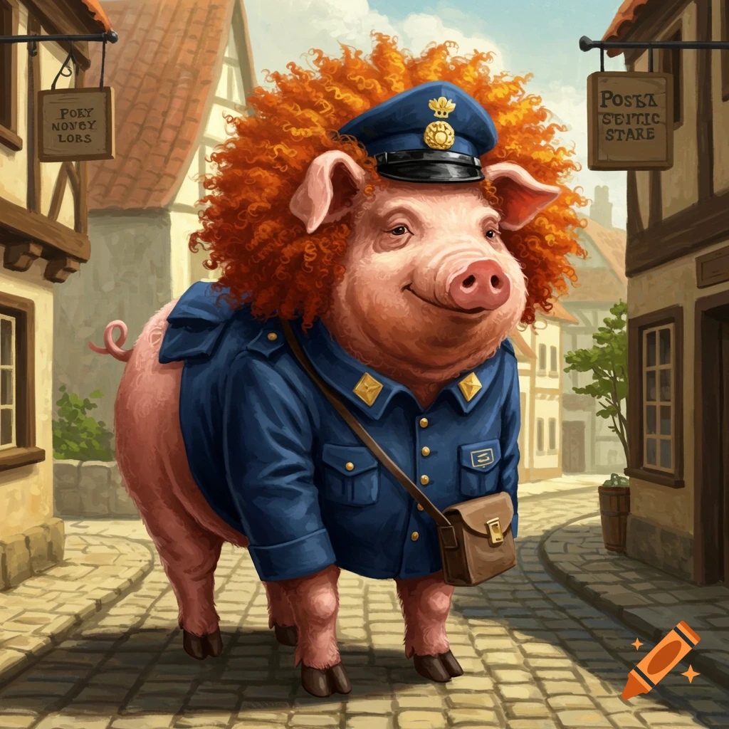 Cartoon pig with red curly hair wearing a postal uniform stands on a cobblestone street.