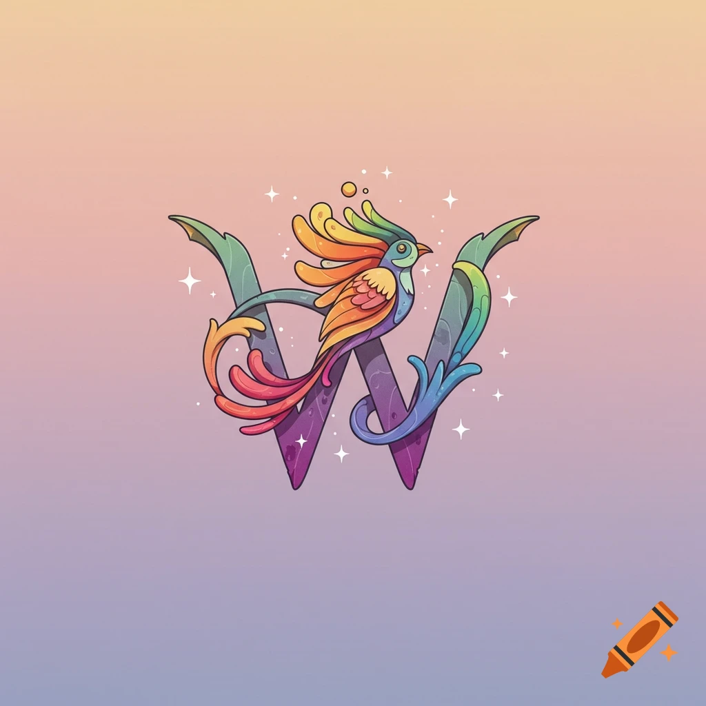 Colorful bird perched on an ornate, stylized letter W logo illustration.