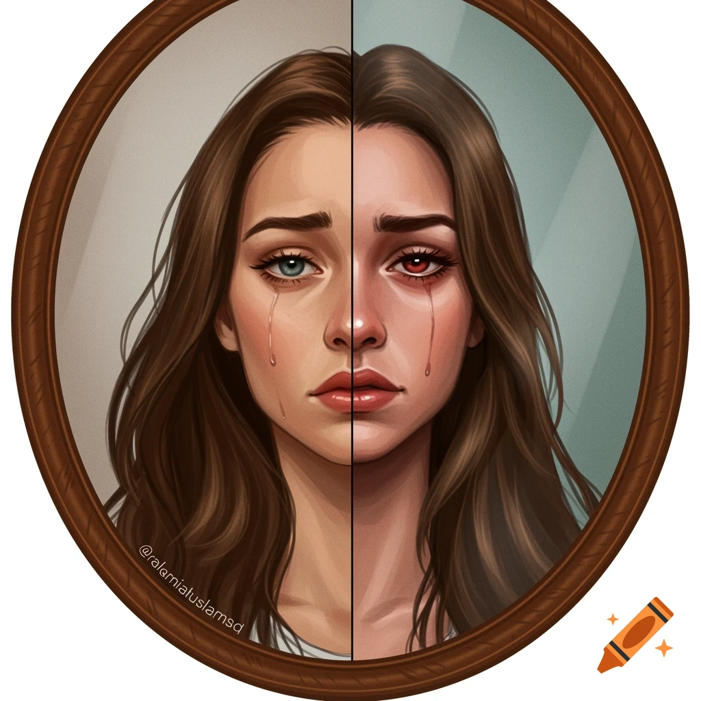 Image of a woman's face split in a mirror, one side sad with tears and a red eye, the other hopeful with a blue eye.