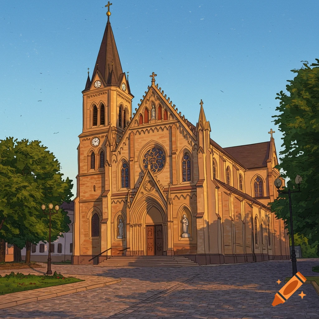 A traditional church with a tall steeple on a sunny day.