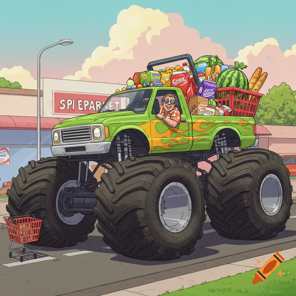 A cartoon monster truck filled with groceries sits outside a store.