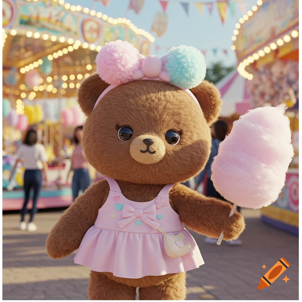 A fluffy brown teddy bear in a pink dress holds pink cotton candy at a carnival.