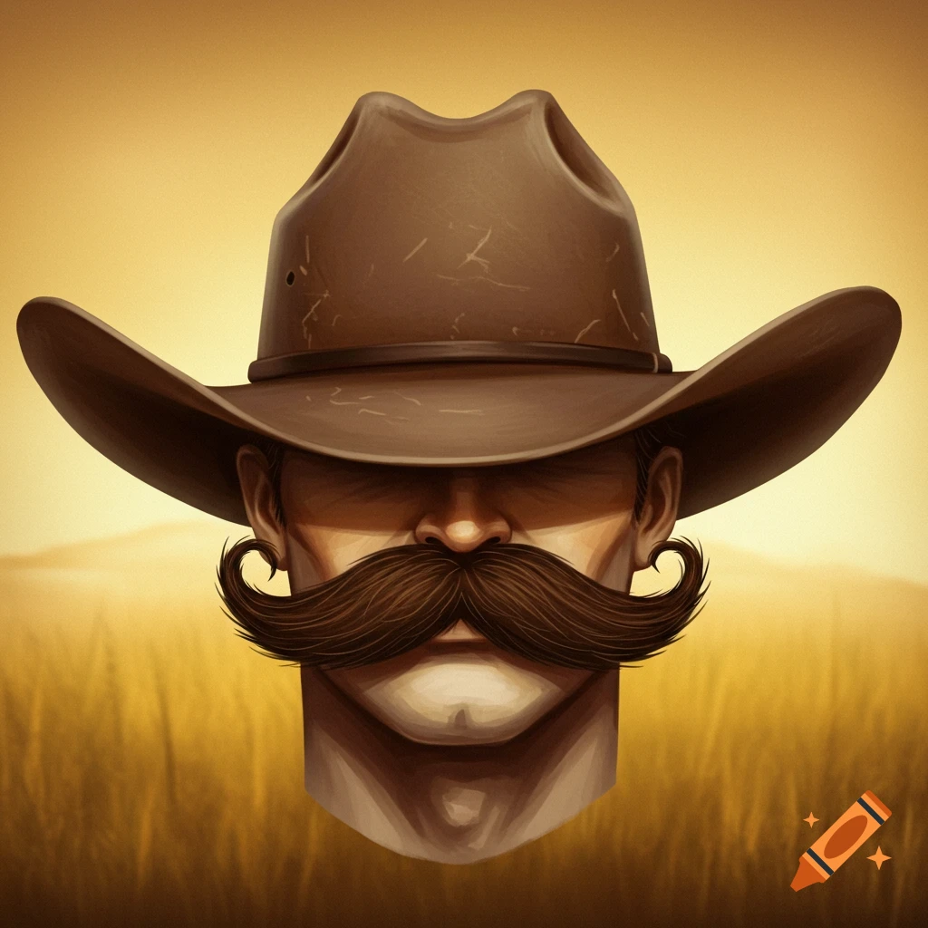 A person wearing a cowboy hat with a large mustache against a field background.