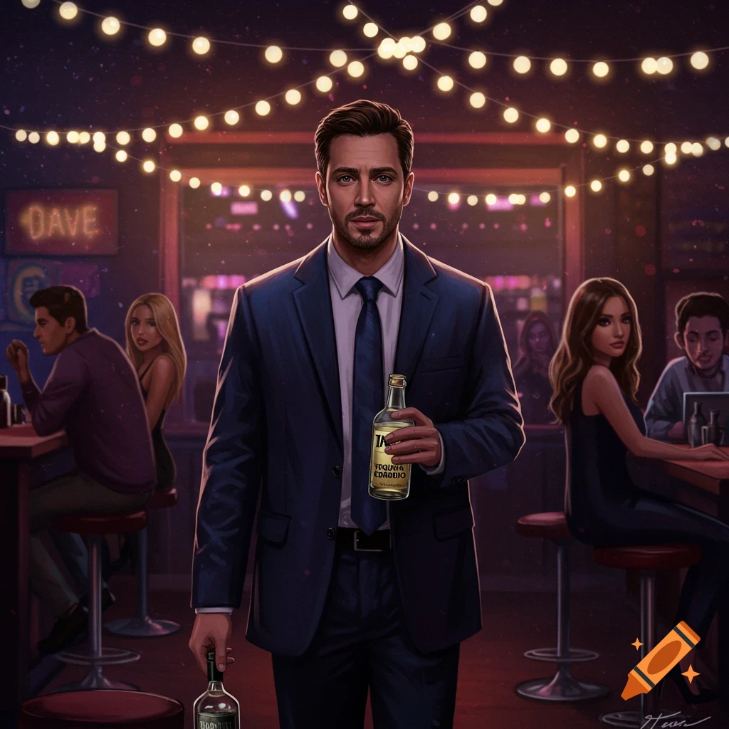 A man holds bottles in a bar with other patrons in the background.