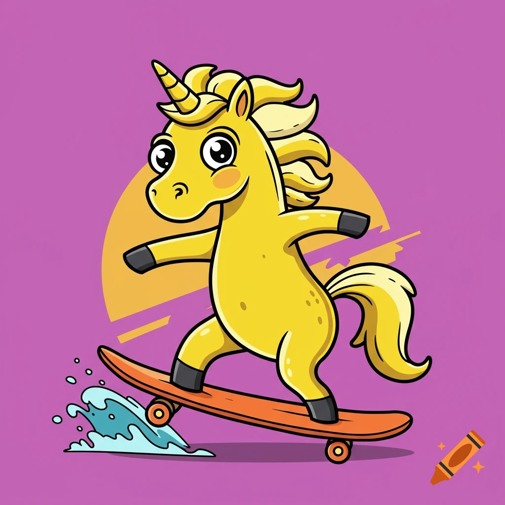 Cartoon unicorn skateboarding on a purple background with an orange sun.