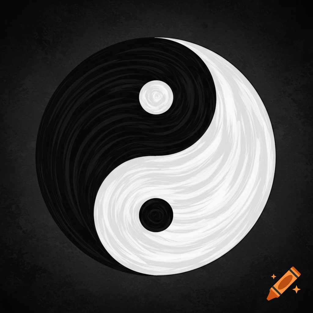 Black and white Yin Yang symbol with a textured, brushstroke style on a dark background.
