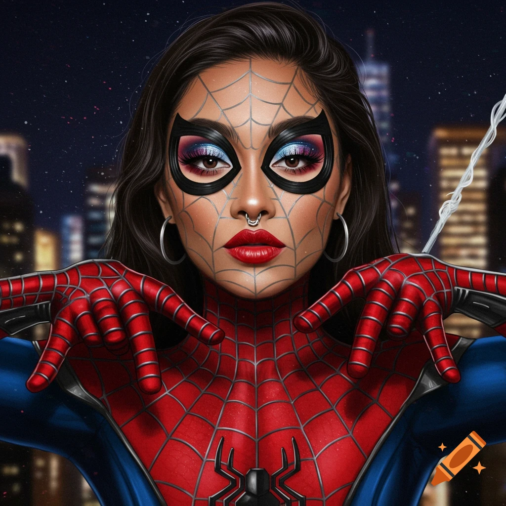A person in a Spiderman costume and face makeup makes a web gesture in front of a city skyline.