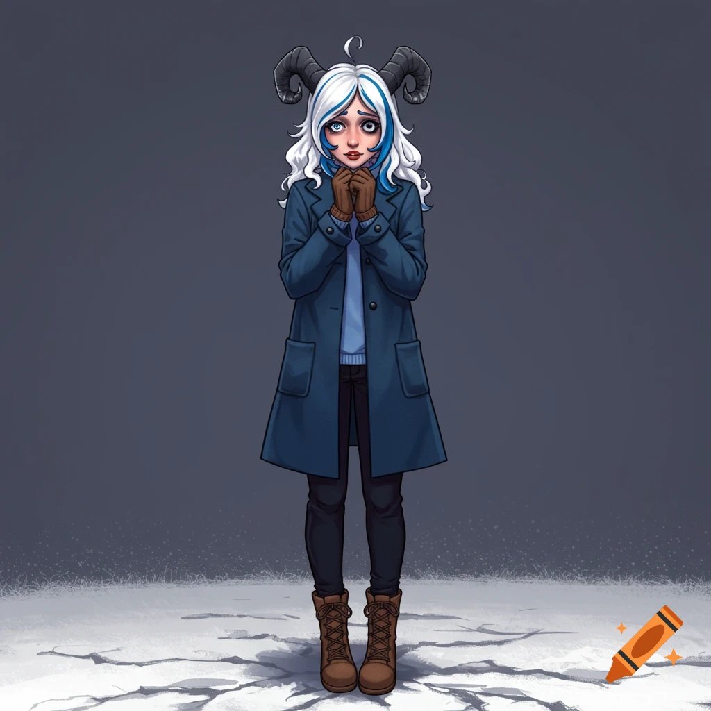 A fantasy character with horns and white and blue hair in a blue coat stands on cracked ice.
