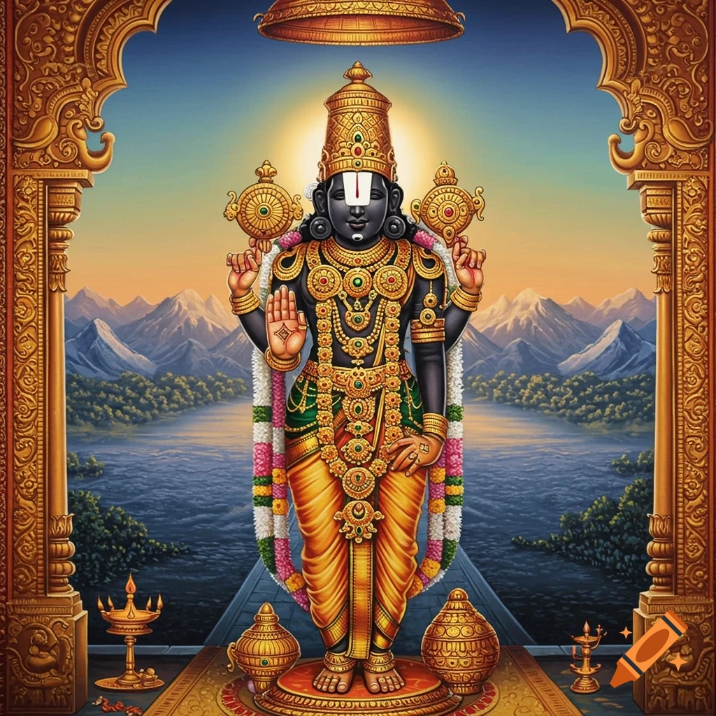 Lord Venkateshwara standing on a platform with a landscape background and ornate arches.