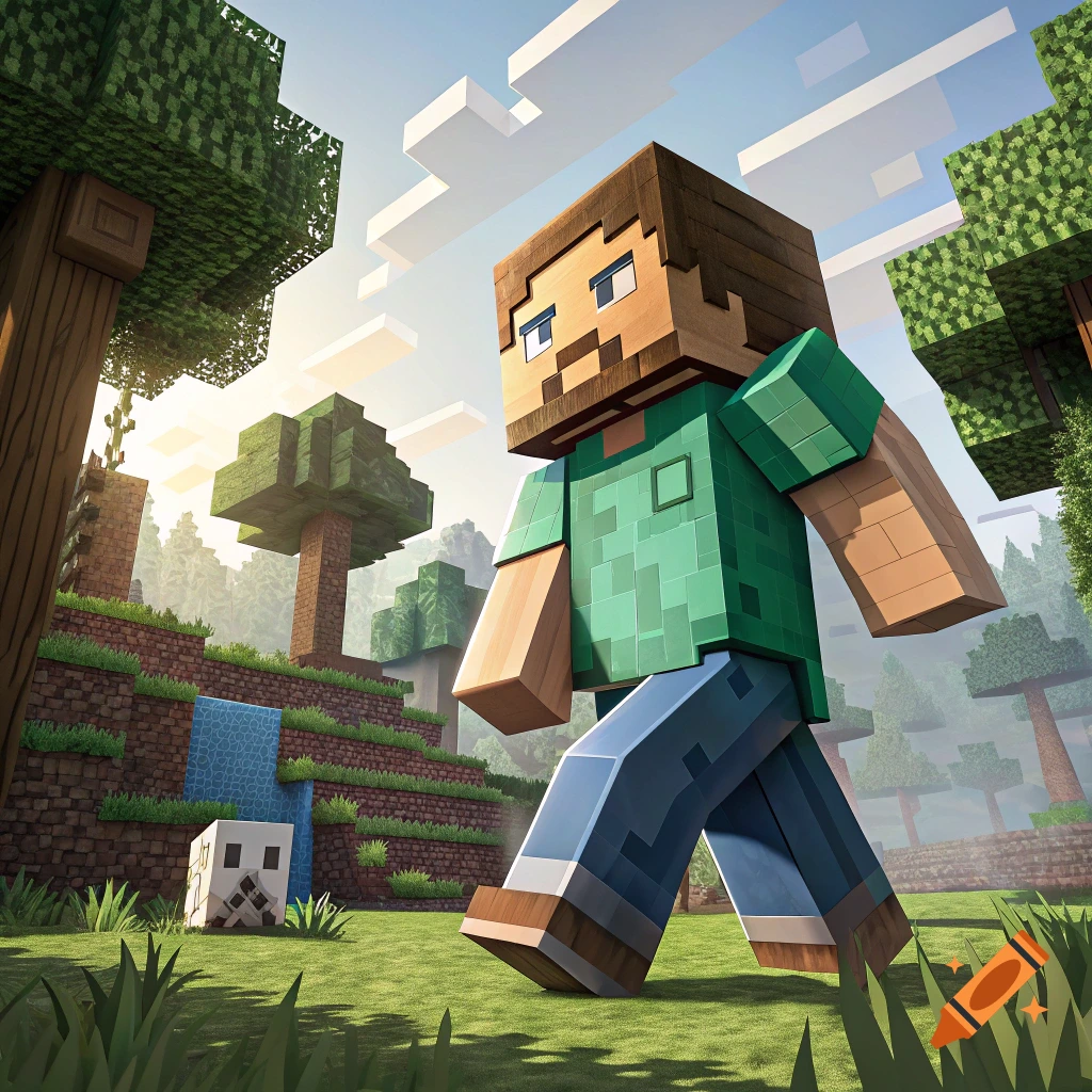 A blocky character resembling Steve from Minecraft walks through a landscape with trees and a waterfall.