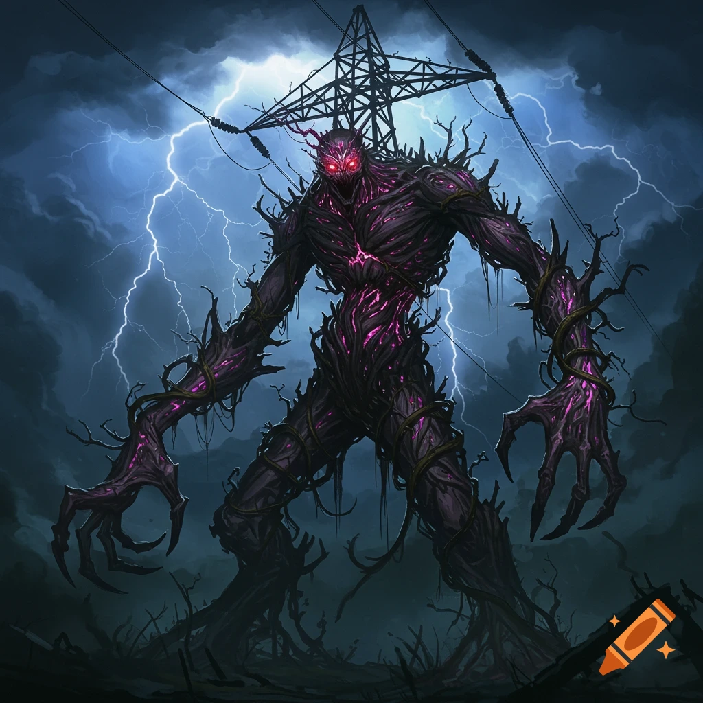 A large, dark monster with glowing purple energy stands under an electrical tower during a lightning storm.