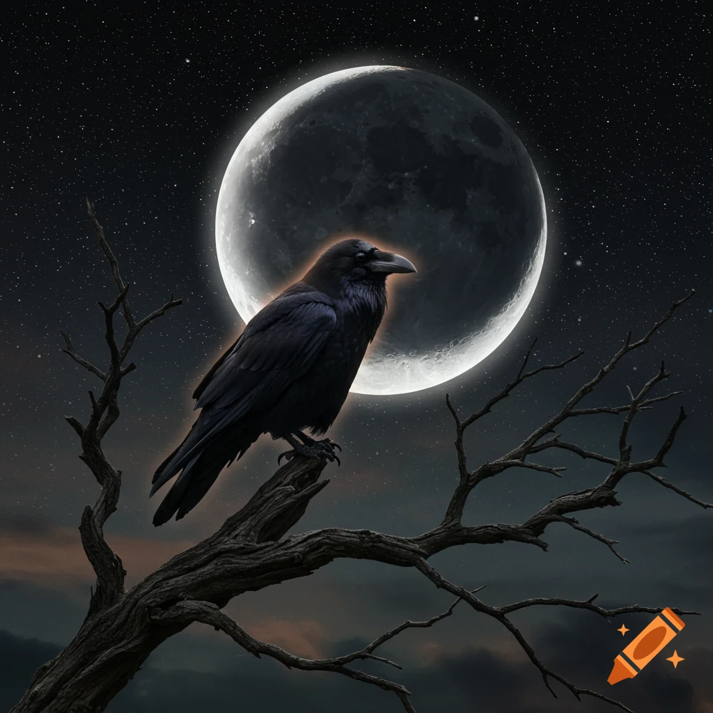 A black raven perched on a dead tree branch under a large moon and starry night sky.