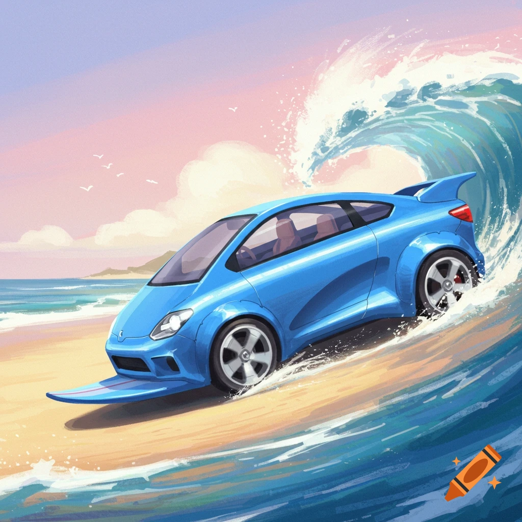 Blue surfing car riding a wave at the beach