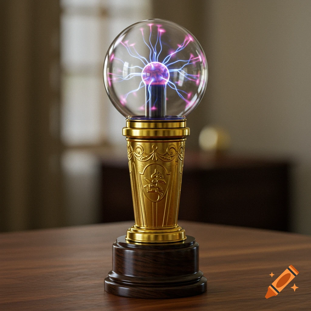 A photorealistic image of a golden award statuette with a plasma ball on top.