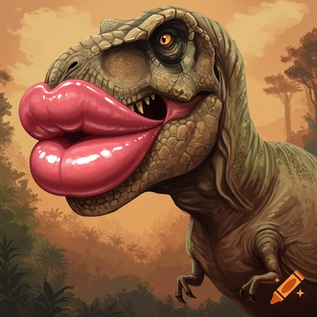A T-Rex with large pink lips in a jungle setting.