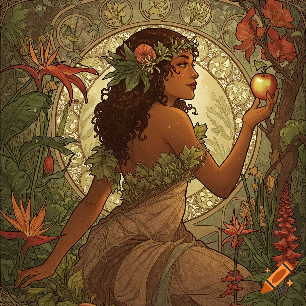 Art nouveau style illustration of Eve in the Garden of Eden holding an apple.