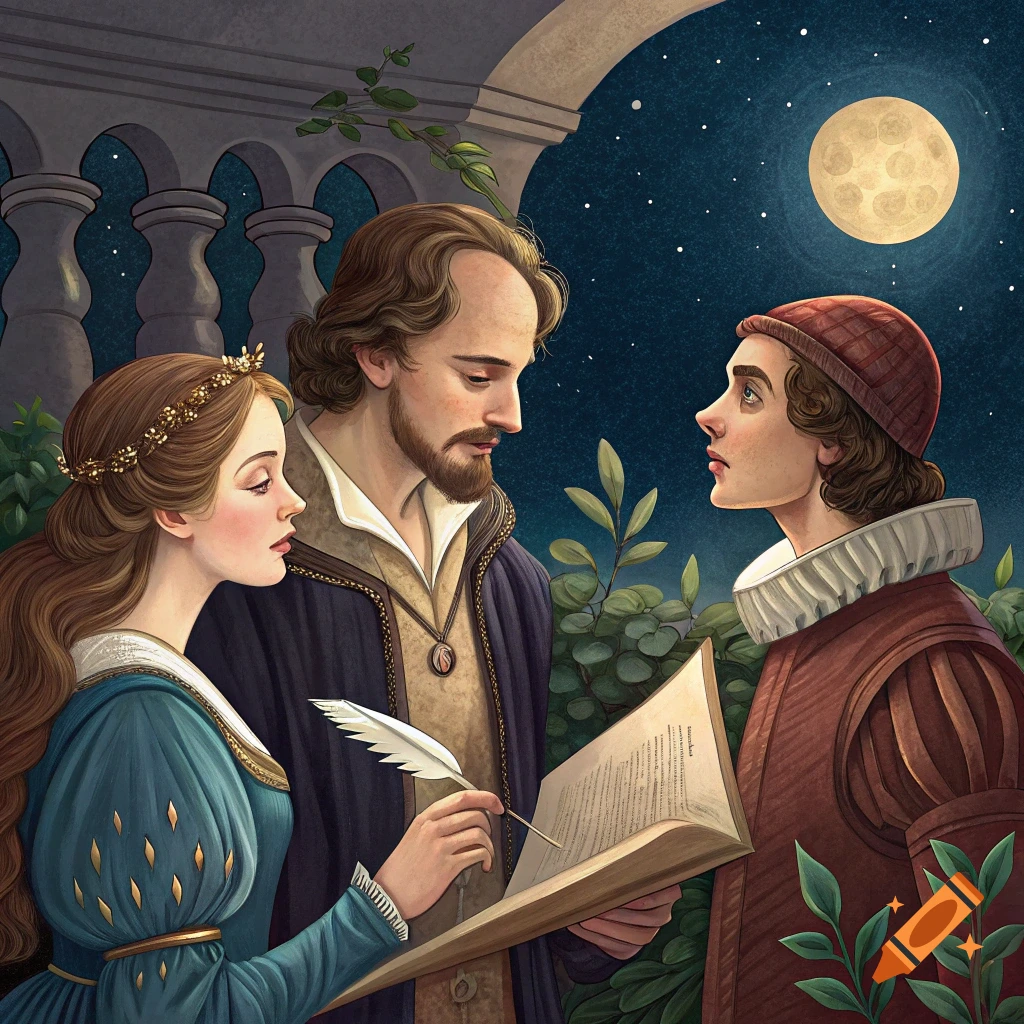 Three figures in historical clothing write in a book under a full moon at night. Illustration.