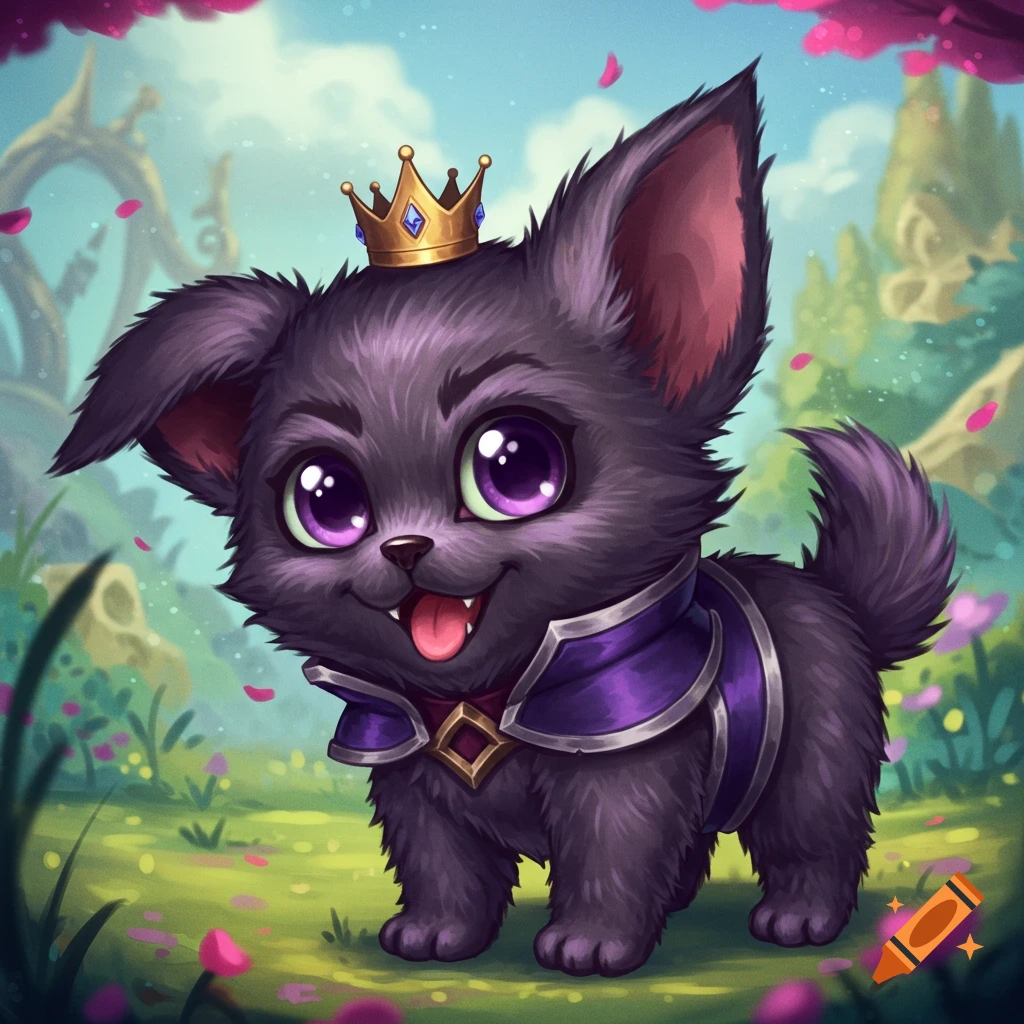 Cute dark puppy wearing a crown and cape in a fantasy landscape.