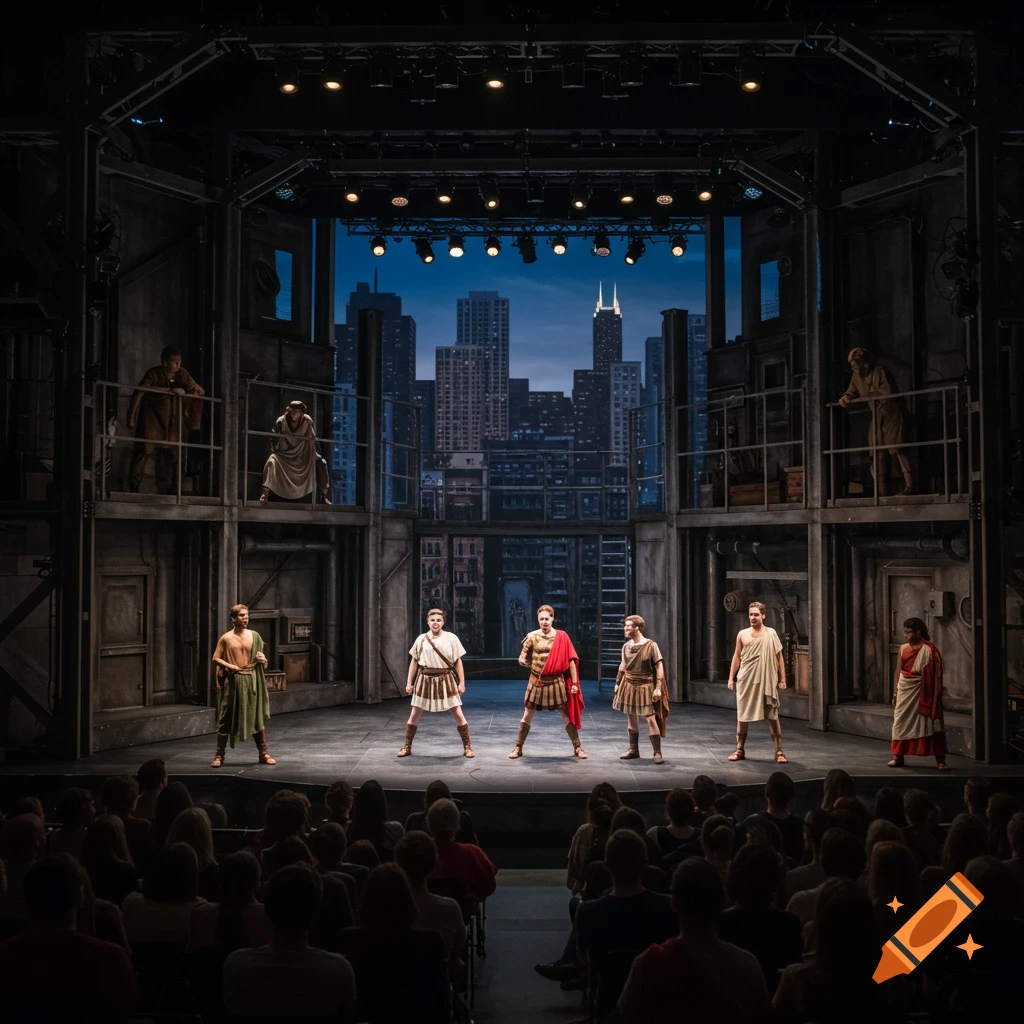 A stage production featuring actors in Roman costumes in front of a backdrop depicting the Chicago skyline.